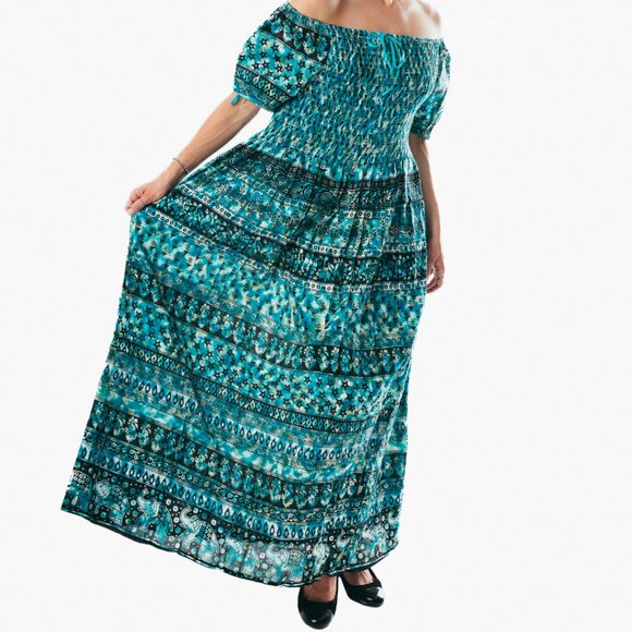 Turqoise peasant maxi dress short sleeve off shoulder boho summer floral tie dye - Picture 3 of 5